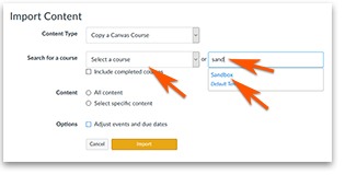 Search for Canvas Course using the selection tool or type search. To have the Past Enrollments courses to show, click the box next to Include completed courses.