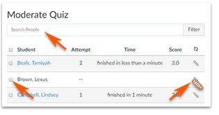 Find and select student to click the Pencil icon to edit through the Moderate Quiz window.