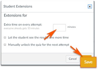 Student Extensions window - enter only the extra required minutes 
