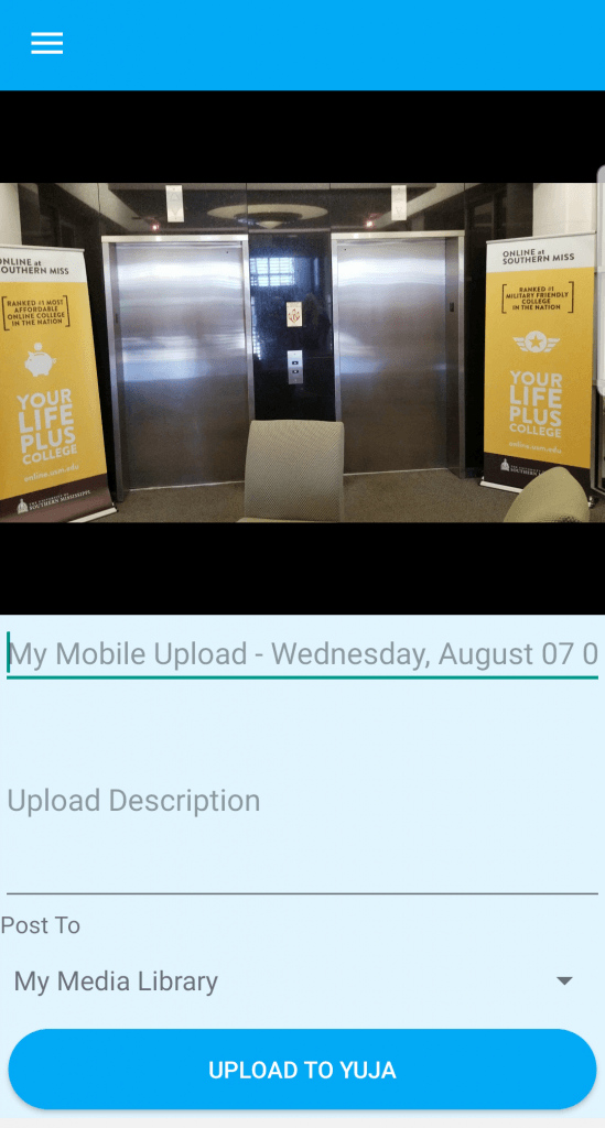 Yuja Mobile Video Upload Screen